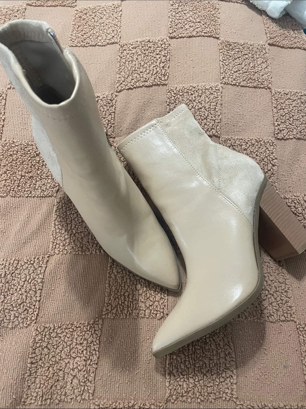 Lulu's Cream Pointed Toe Block Heel Ankle Boots